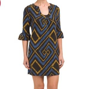 Blue gold and black printed sweater dress
